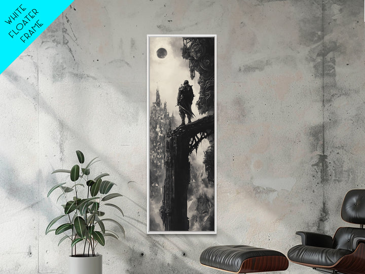 Moonlit Gothic Warrior On Shadow Bridge, Black And White Wall Art, Dark Fantasy Canvas Print, Moody Castle Office Wall Decor