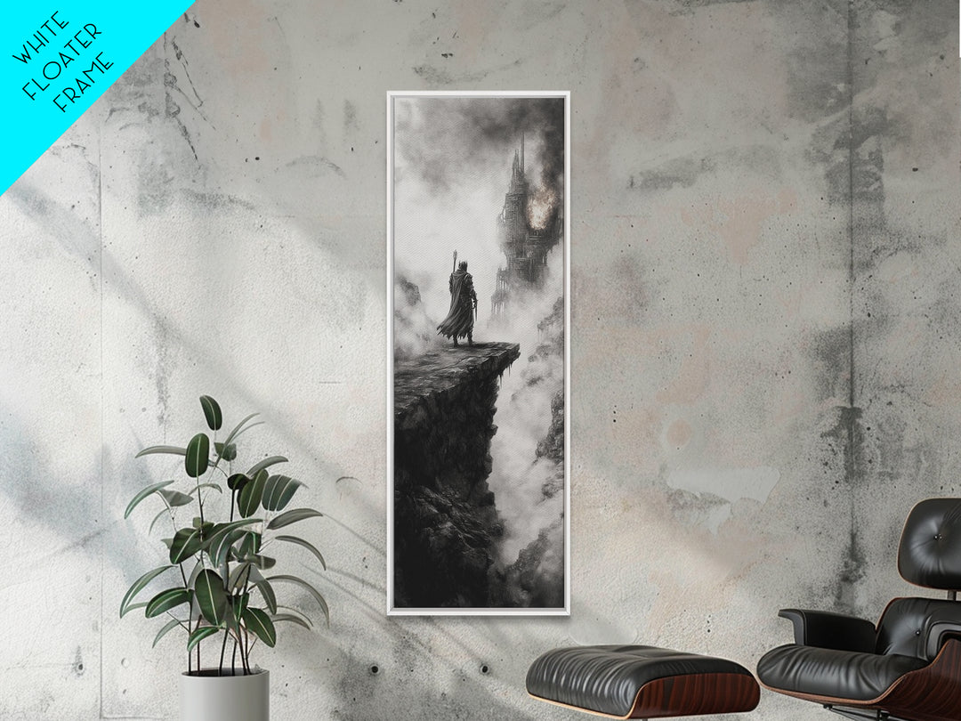 Cloaked Knight On Misty Cliff, Haunted Gothic Castle Framed Canvas Print, Black And White Wall Art, Dark Academia Room Decor