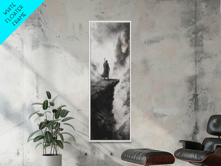 Cloaked Knight On Misty Cliff, Haunted Gothic Castle Framed Canvas Print, Black And White Wall Art, Dark Academia Room Decor