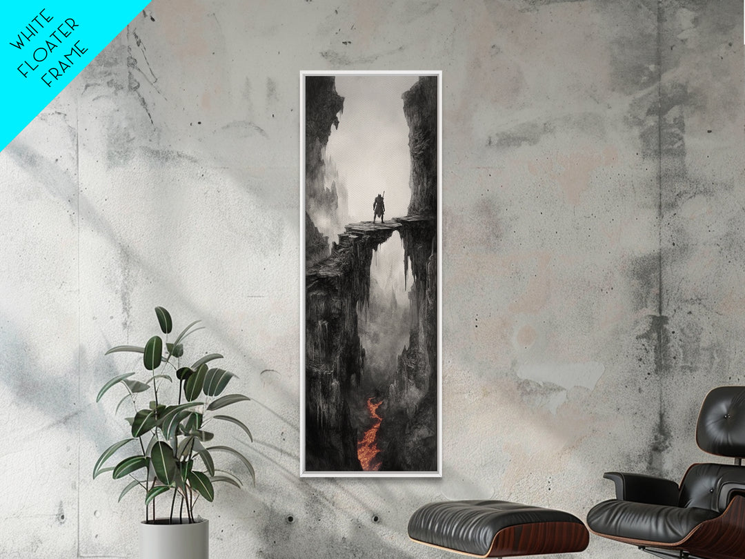 Warrior Above Lava Chasm In Dark Canyon, Black And White Wall Art, Gothic Fantasy Canvas Print, Moody Landscape Home Decor
