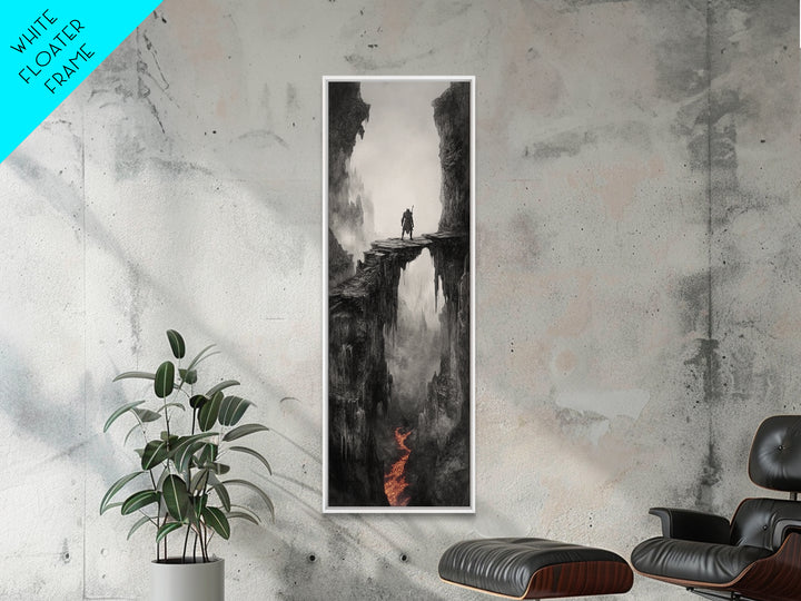 Warrior Above Lava Chasm In Dark Canyon, Black And White Wall Art, Gothic Fantasy Canvas Print, Moody Landscape Home Decor