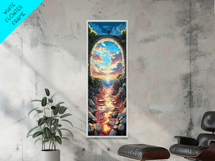 Sunset Ocean Through Ancient Stone Arch, Knight Silhouette Canvas Print, Coastal Fantasy Wall Art, Mediterranean Home Decor