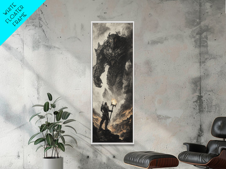 Torch Bearer Facing Colossal Demon, Dark Fantasy Wall Art, Gothic Canvas Print, Dramatic Warrior Statement Artwork Home Decor