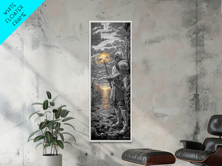 Armored Knight With Glowing Axe On Stormy Shore, Black And White Wall Art, Medieval Fantasy Canvas Print, Masculine Decor