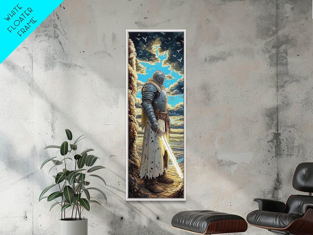 Silver Knight With Glowing Sword By Sea Cliffs, Fantasy Canvas Print, Medieval Wall Art, Dramatic Coastal Home Office Decor