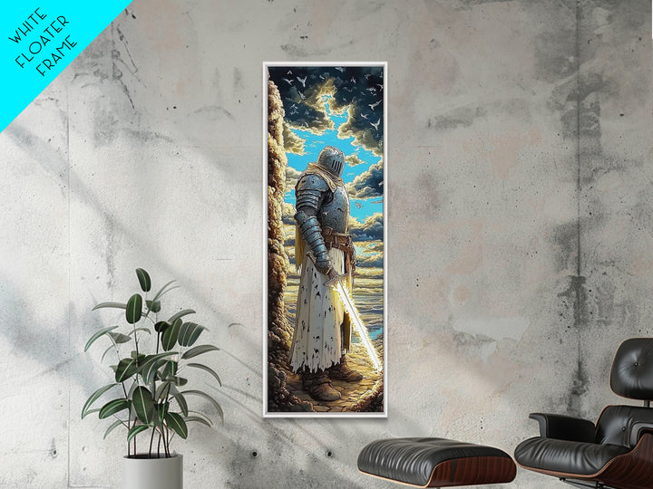 Silver Knight With Glowing Sword By Sea Cliffs, Fantasy Canvas Print, Medieval Wall Art, Dramatic Coastal Home Office Decor
