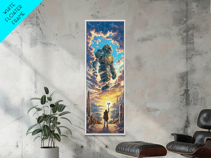 Floating Stone Giant Guardian At Sunset, Fantasy Wall Art, Large Canvas Wall Art, Epic Landscape Print, Gaming Room Decor Gift