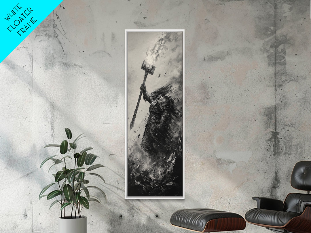 Dark Hammer Warrior In Storm, Black And White Wall Art, Gothic Fantasy Art Print, Medieval Office Decor, Gift For Him, Dark Academia Decor