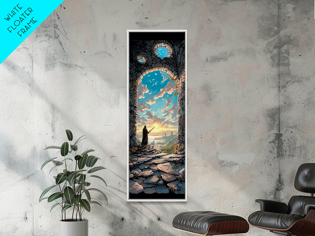 Cloaked Wizard In Ruined Archway At Sunset, Fantasy Wall Art, Medieval Landscape Print, Whimsical Office Decor Gift, Living Room Decor