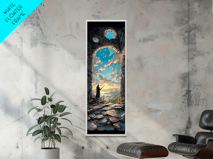 Cloaked Wizard In Ruined Archway At Sunset, Fantasy Wall Art, Medieval Landscape Print, Whimsical Office Decor Gift, Living Room Decor