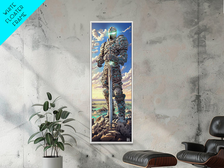 Stone Knight Guardian Holding Sword Above Ocean, Fantasy Canvas Print, Coastal Wall Art, Medieval Landscape Decor, Gift For Him