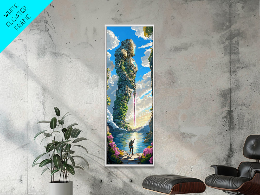 Moss Covered Giant Robot With Pink Sword, Fantasy Wall Art, Japandi Landscape Print, Nature Inspired Living Room Decor Gift