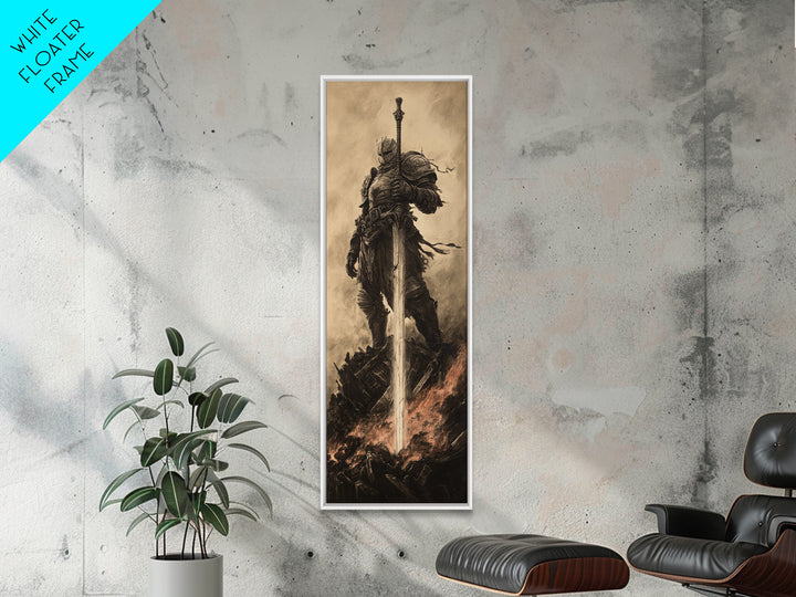 Sepia Knight Standing With Greatsword In Fire, Dark Fantasy Canvas Print, Medieval Wall Art, Gothic Office Decor Gift For Him