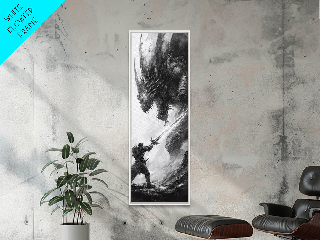 Warrior Facing Massive Dragon In Black And White, Dark Fantasy Wall Art, Gothic Canvas Print, Epic Monster Decor Gift For Him