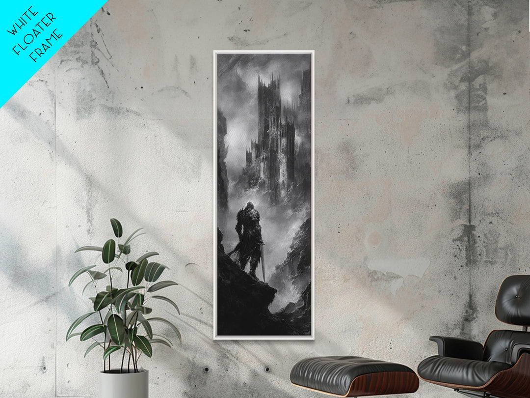 Lone Warrior Before Dark Gothic Castle Wall Art, Black And White Fantasy Landscape Print, Medieval Dungeon Decor For Office