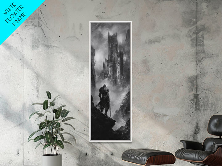 Lone Warrior Before Dark Gothic Castle Wall Art, Black And White Fantasy Landscape Print, Medieval Dungeon Decor For Office