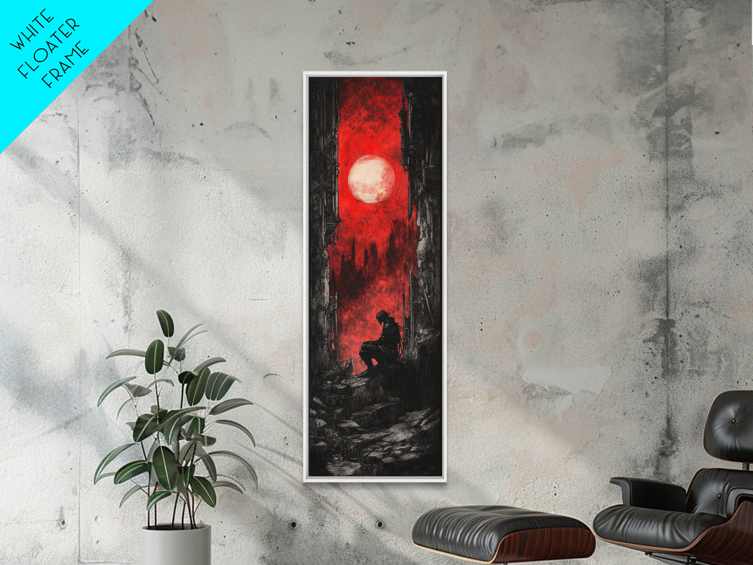 Solitary Figure Under Blood Moon Wall Art, Red Gothic Fantasy Canvas Print, Dark Academia Poster For Bedroom Decor Gift