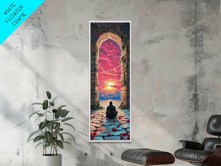 Seated Wanderer In Stone Arch Sunset Wall Art, Vibrant Fantasy Portal Canvas Print, Meditation Room Home Decor Gift For Her