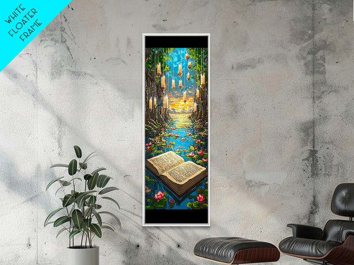 Open Book In Enchanted Lily Pond Wall Art, Magical Library Fantasy Canvas Print, Whimsical Reading Nook Decor Gift For Book Lover