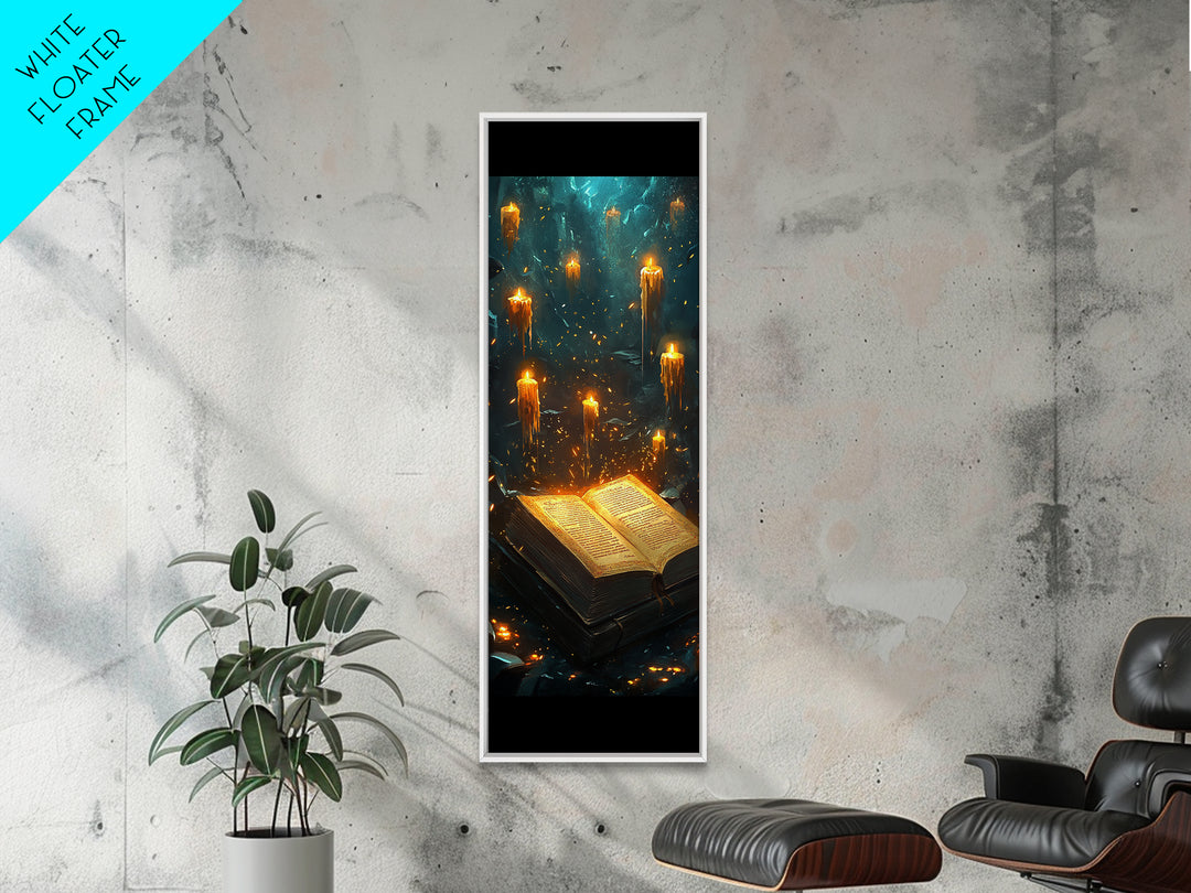 Glowing Grimoire With Floating Candles Wall Art, Dark Fantasy Library Canvas Print, Gothic Academia Home Decor Gift For Her