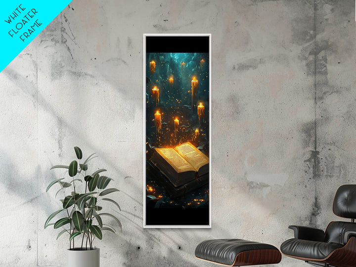 Glowing Grimoire With Floating Candles Wall Art, Dark Fantasy Library Canvas Print, Gothic Academia Home Decor Gift For Her