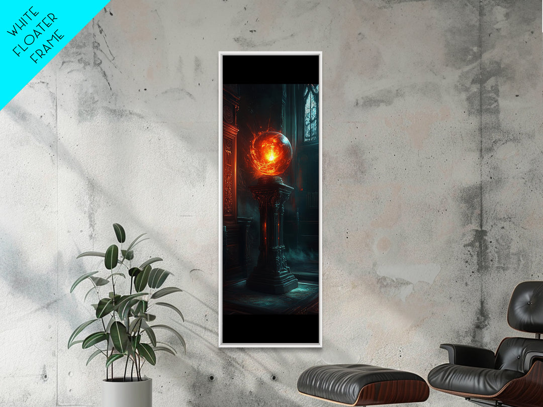 Fiery Crystal Orb In Gothic Library Wall Art, Dark Academia Fantasy Canvas Print, Mystical Office Decor Gift For Him Art