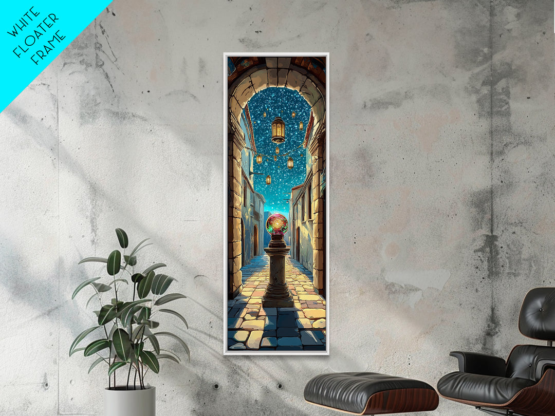 Magic Orb Beneath Starry Alley Wall Art, Whimsical Fantasy Canvas Print, Mediterranean Night Unique Home Decor Gift For Her