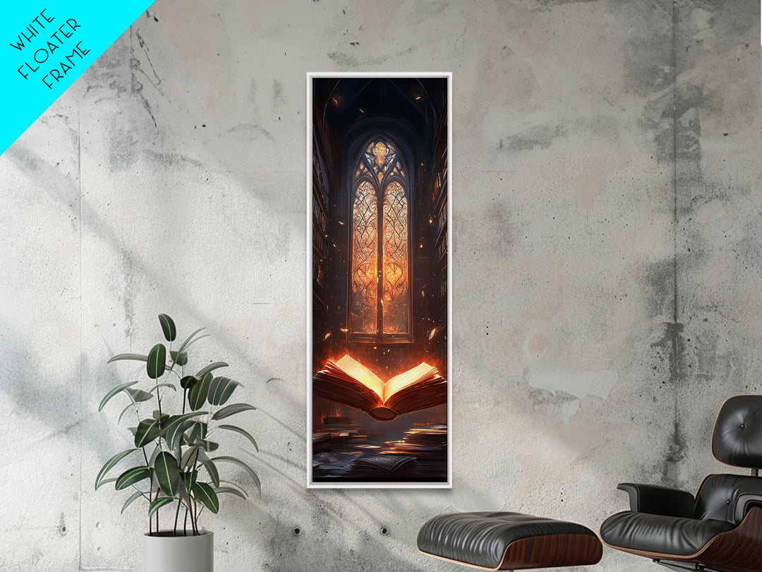 Glowing Book Before Cathedral Window Wall Art, Gothic Library Fantasy Canvas Print, Dark Academia Reading Room Decor Gift
