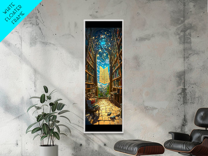 Glowing Magic Map In Towering Library Framed Canvas Print, Fantasy Wall Art, Bookish Decor, Whimsical Reader Gift, Library Poster