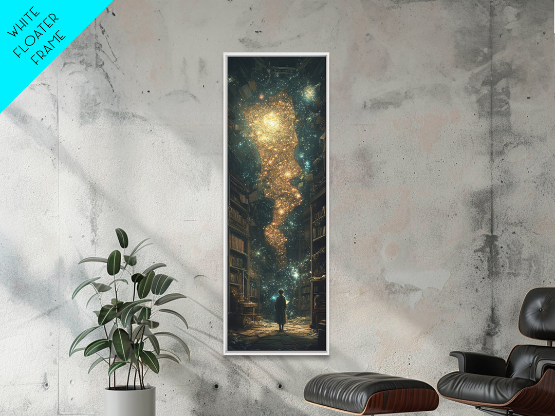 Child Beneath Cosmic Book Tower Wall Art, Dark Academia Library Decor, Celestial Fantasy Art Print, Magical Reading Gift