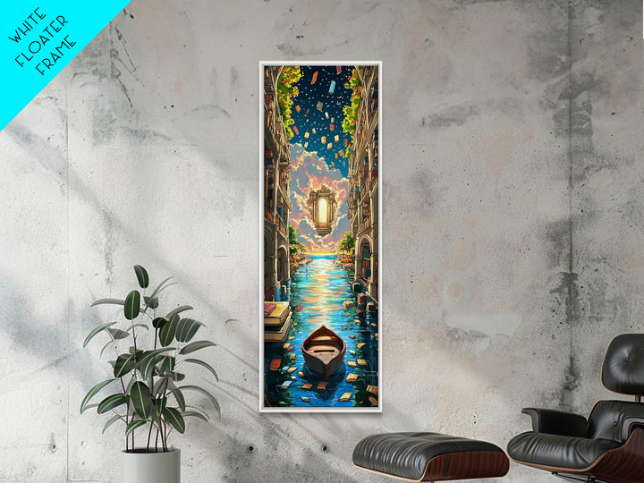 Lantern Canal Between Book Shelves Canvas Print, Fantasy Library Wall Art, Coastal Book Lover Decor, Magical Housewarming Gift
