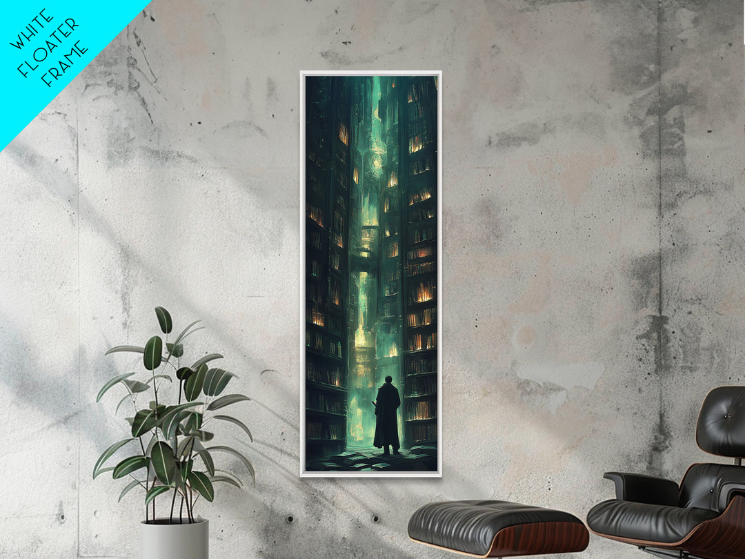 Lone Figure In Emerald Library Canyon Canvas Print, Dark Academia Wall Art, Moody Fantasy Decor, Gothic Office Wall Decor