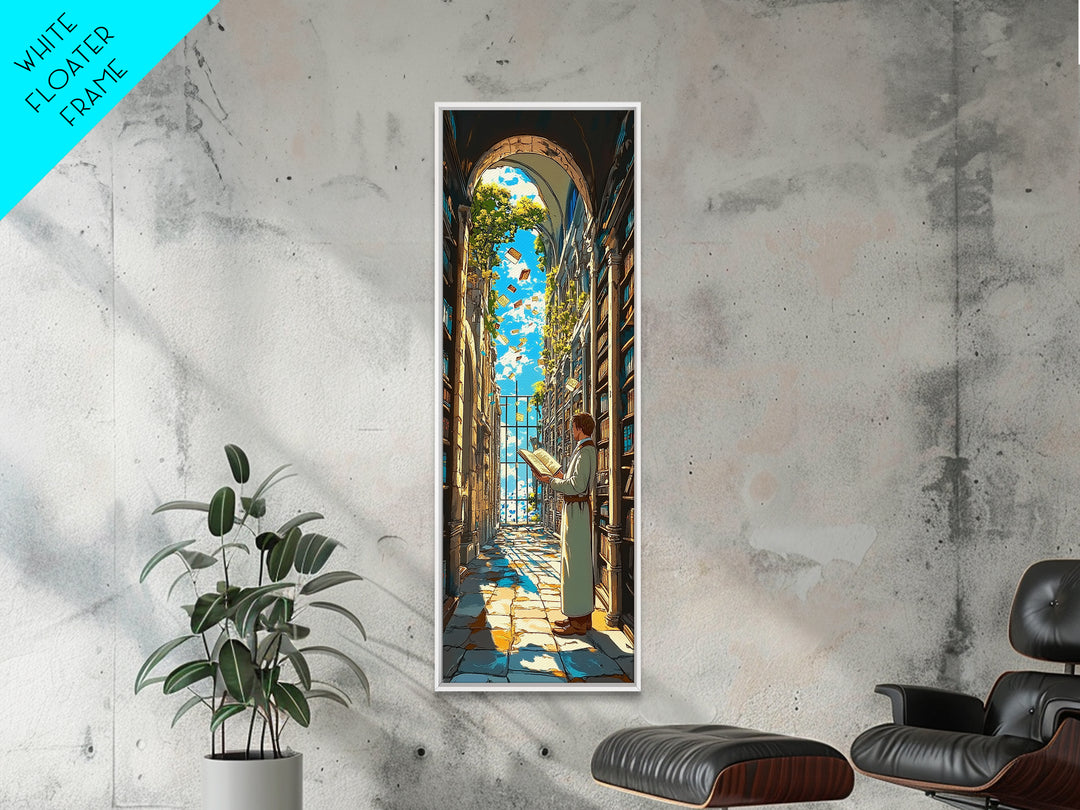 Sunlit Scholar Reading In Arched Library Framed Canvas Print, Book Lover Wall Art, Academia Decor, Literary Gift For Her