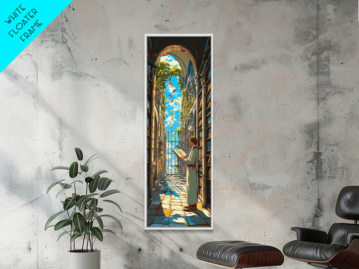 Sunlit Scholar Reading In Arched Library Framed Canvas Print, Book Lover Wall Art, Academia Decor, Literary Gift For Her