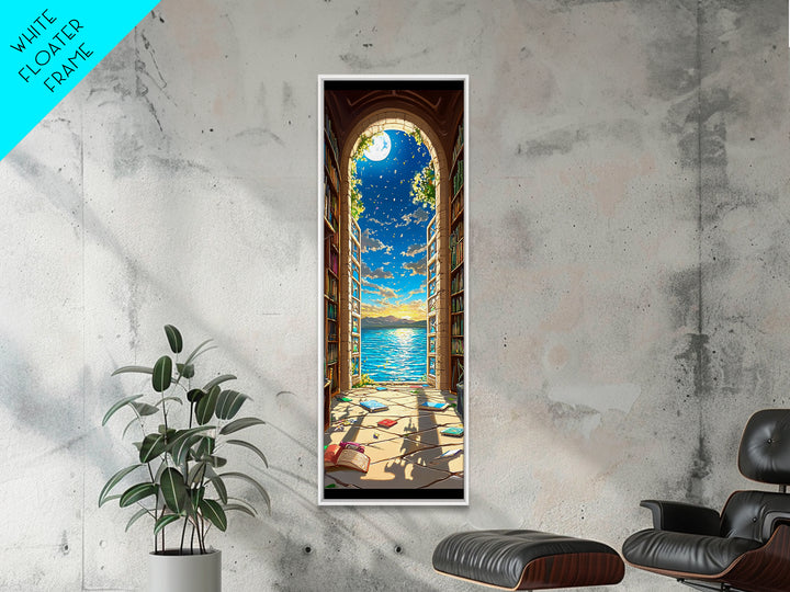Moonlit Library Arch With Ocean View Framed Canvas Print, Book Lover Wall Art, Coastal Decor, Reading Nook Art For Cozy Home Decor