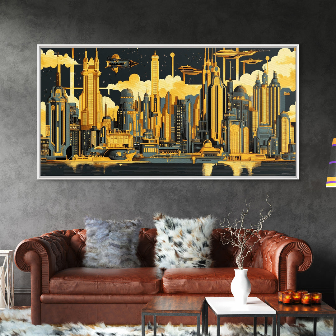Golden Futuristic Skyline With Airships Canvas Print, Sci Fi Cityscape Wall Art, Modern Office Decor, Large Statement Artwork