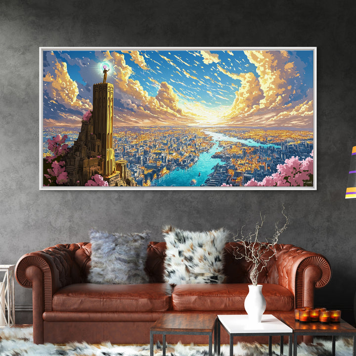Sunset Tower Above Radiant River City Framed Canvas Print, Fantasy Wall Art, Colorful Landscape, Living Room Decor Gift Idea