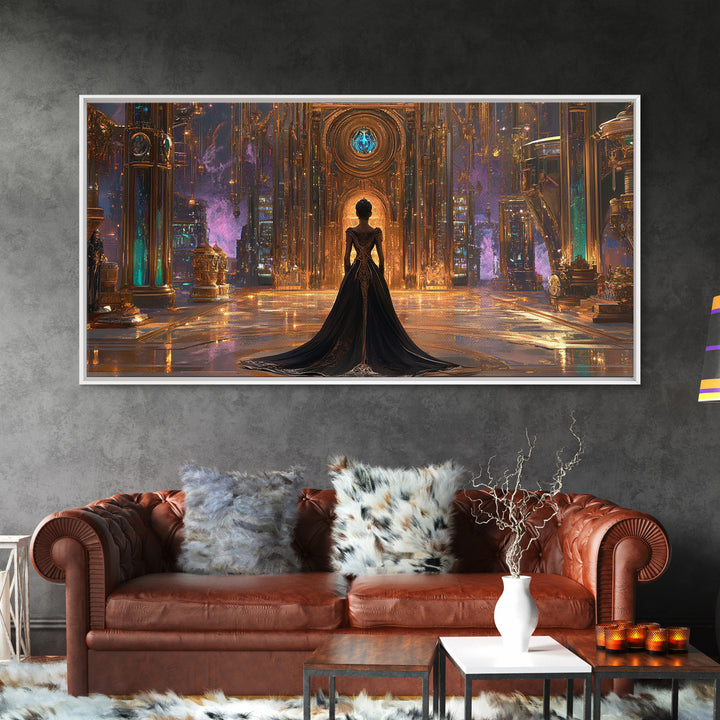 Gothic Woman In Ornate Crystal Hall Canvas Print, Dark Fantasy Wall Art, Moody Gothic Decor, Elegant Statement Artwork Gift