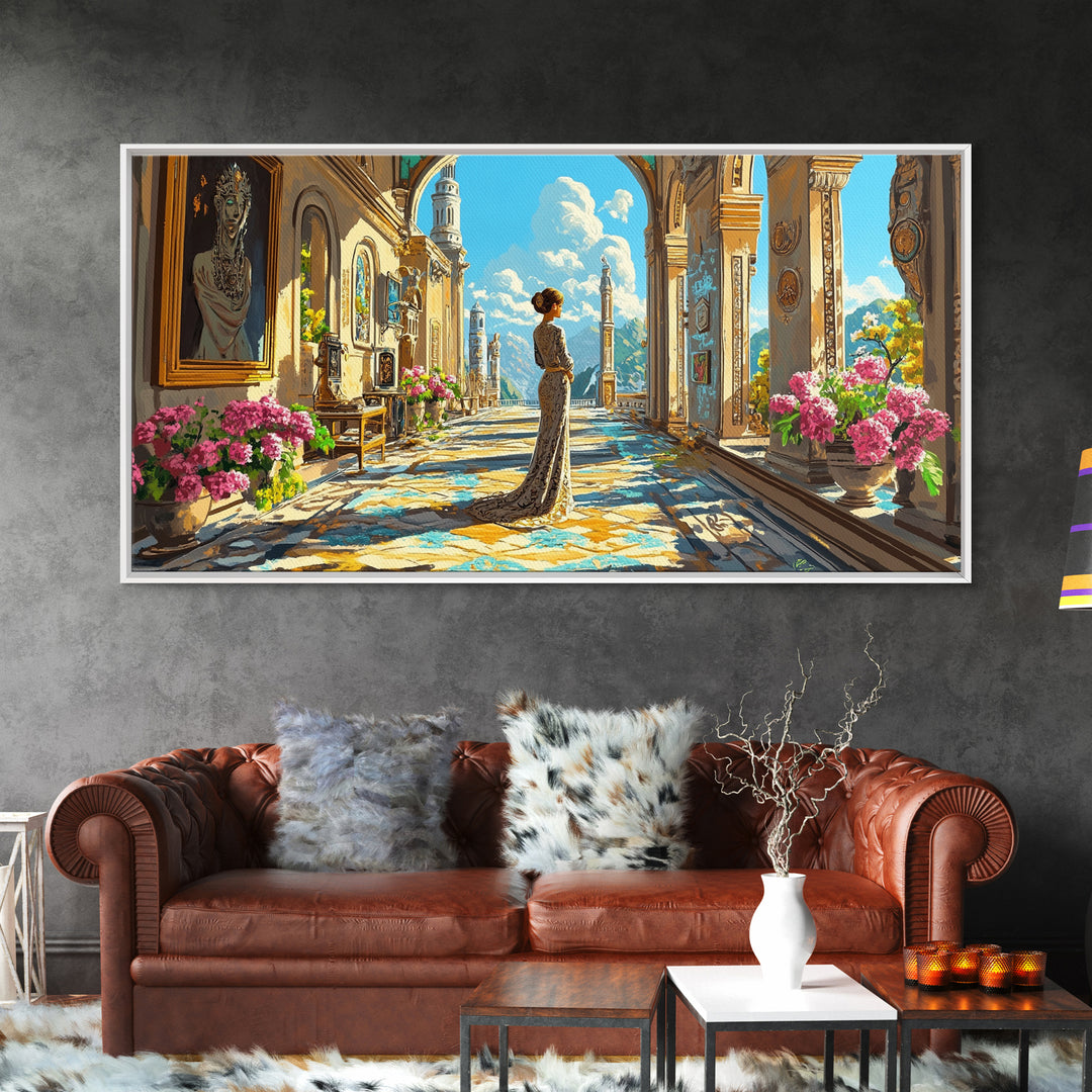 Elegant Woman In Sunlit Palace Corridor Canvas Print, Mediterranean Wall Art, Floral Decor, European Living Room Artwork Gift