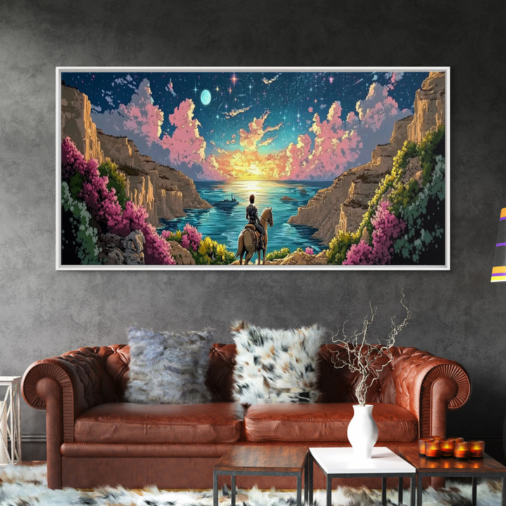 Moonlit Coastal Canyon Horse Ride Canvas Print, Fantasy Landscape Wall Art, Romantic Beach House Decor, Whimsical Gift For Her