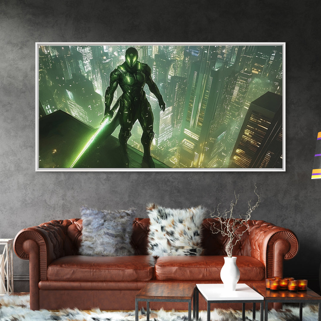 Green Cyber Warrior On Futuristic Rooftop Canvas Print, Modern Cyberpunk Wall Art, Sci Fi Gaming Room Decor, Gift For Him