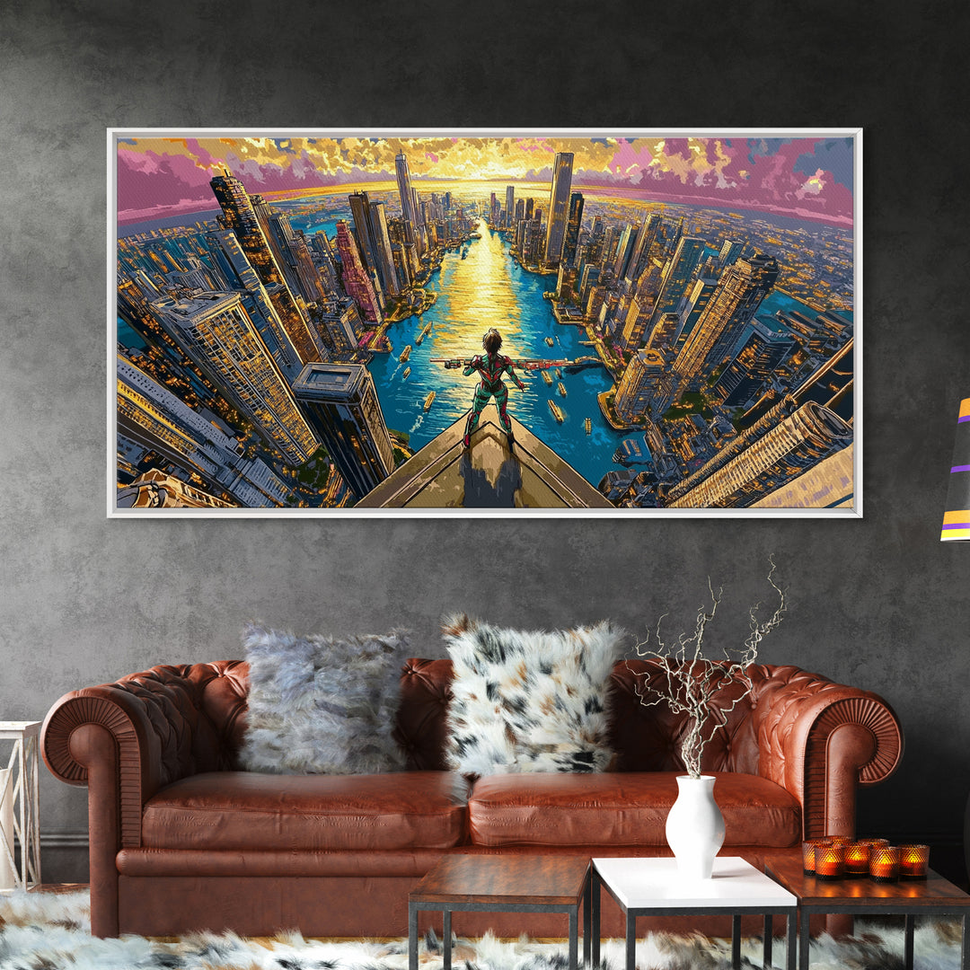 Daring Hero Above Golden Future City Framed Canvas Print, Cyberpunk Wall Art, Anime Sci Fi Decor, Large Statement Artwork