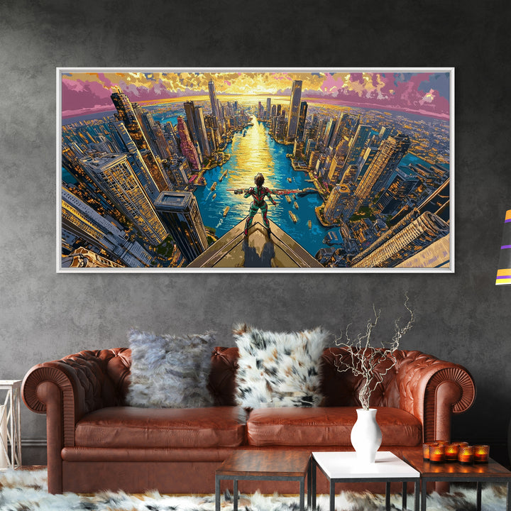 Daring Hero Above Golden Future City Framed Canvas Print, Cyberpunk Wall Art, Anime Sci Fi Decor, Large Statement Artwork