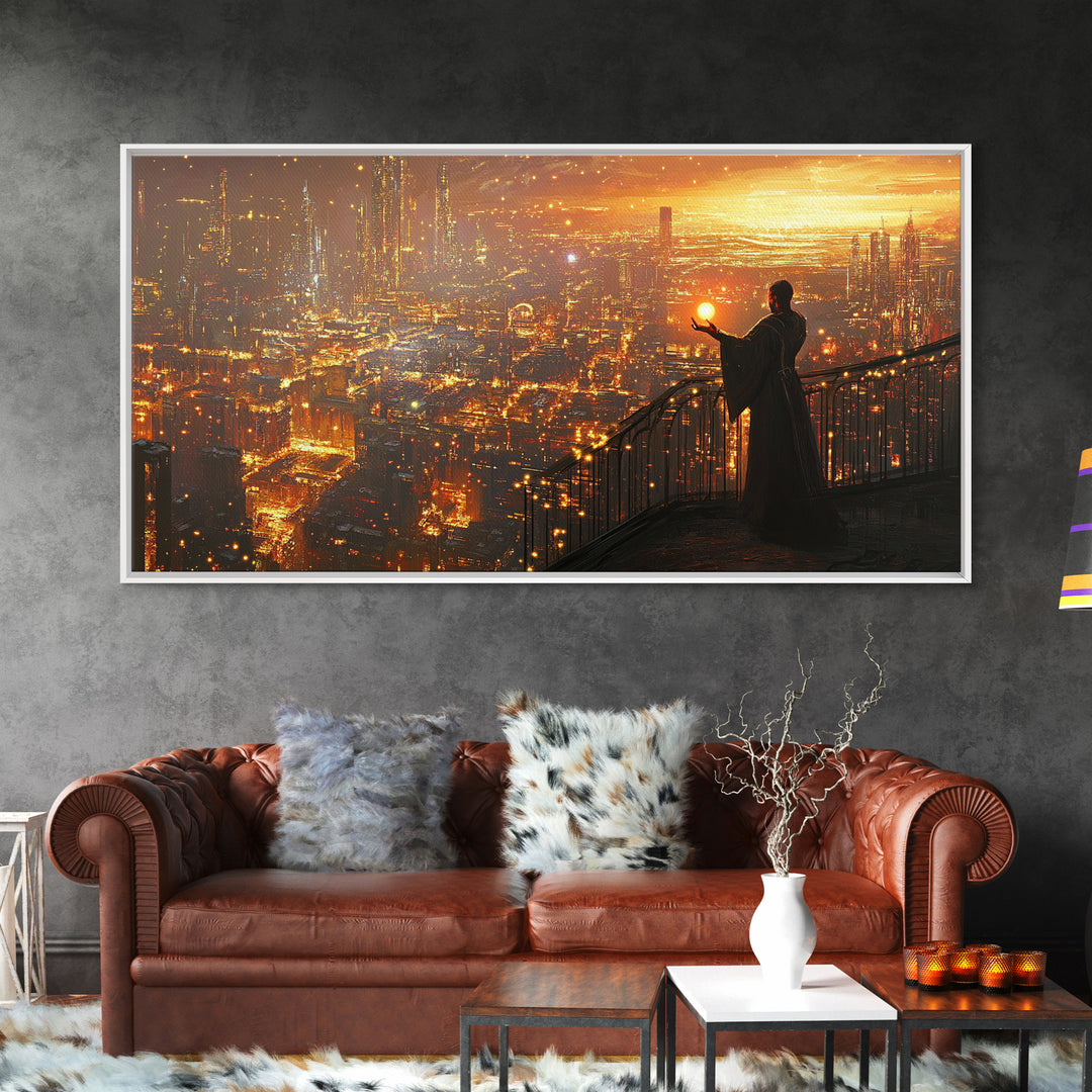 Robed Figure Holding Glowing Orb Over Dystopian City Canvas Print, Futuristic Wall Art, Golden Sci Fi Office Decor, Gift For Him