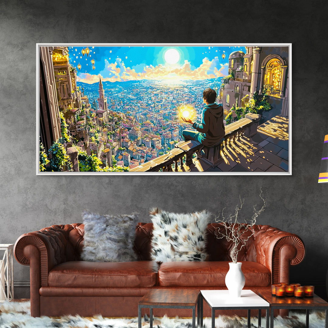 Boy With Glowing Orb Above Sunlit Fantasy City Canvas Print, Whimsical Wall Art, Magical Living Room Home Decor, Gift For Her