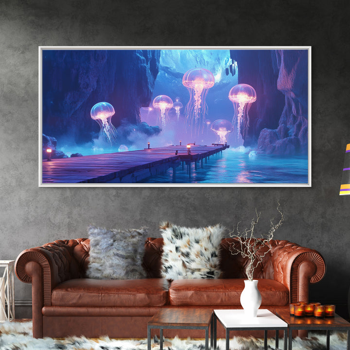 Glowing Jellyfish Cavern With Dock Canvas Print, Blue Bioluminescent Ocean Wall Art, Fantasy Coastal Home Decor, Unique Gift