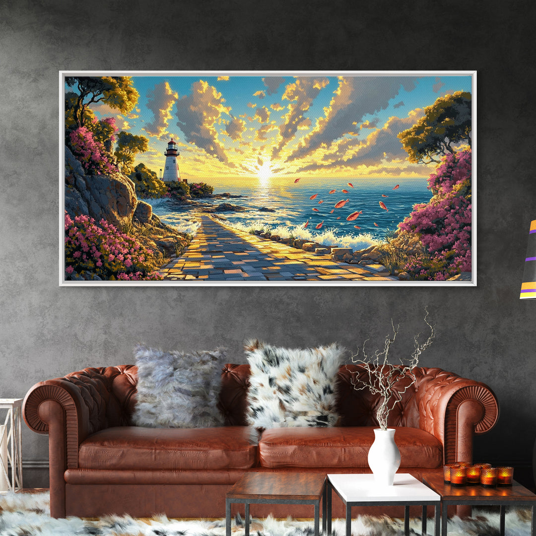 Sunlit Lighthouse Path At Golden Ocean Sunset Wall Art, Coastal Canvas Wall Art, Beach House Decor, Seascape Print, Living Room Decor