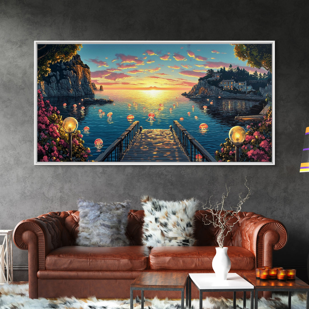 Glowing Jellyfish Cove At Sunset Canvas Print, Whimsical Coastal Wall Art, Ocean Decor, Beach House Living Room Decor, Fantasy Art
