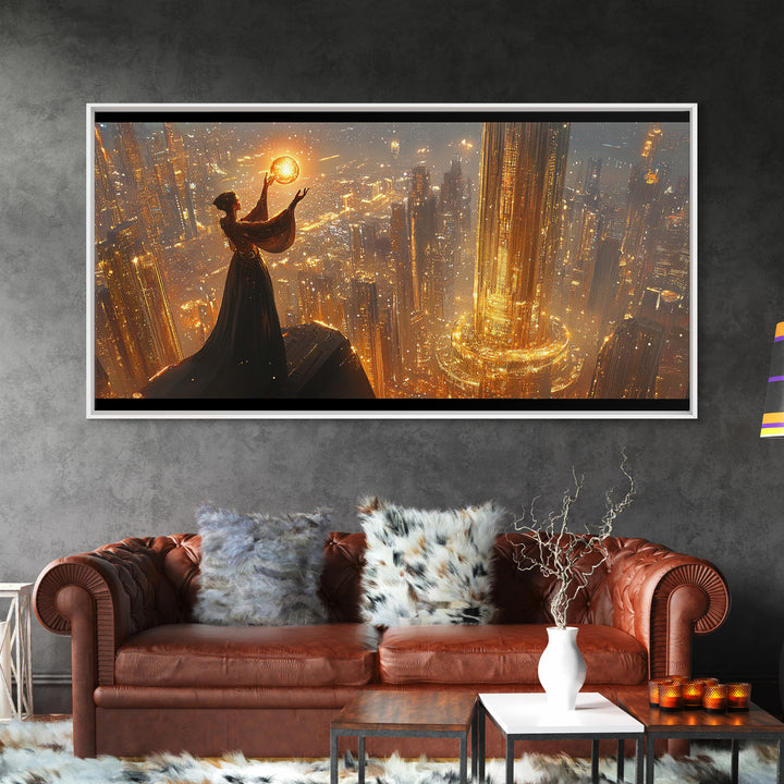 Elegant Woman Holding A Golden Orb Framed Canvas Print, Futuristic Wall Art, Sci Fi Decor, Luxury Office Statement Artwork