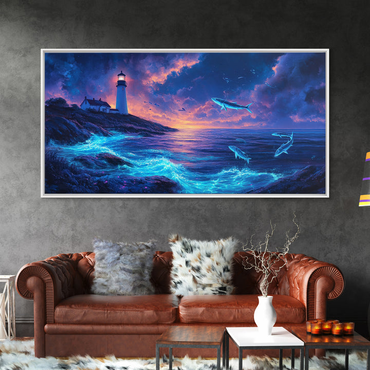 Bioluminescent Whale Ocean Lighthouse Wall Art, Fantasy Seascape Print, Coastal Wall Decor, Moody Blue Living Room Wall Art